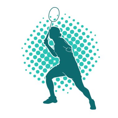 Badminton sporu yapan zayıf bir bayan sporcunun silueti. Bir kadın badminton oyuncusunun silueti..