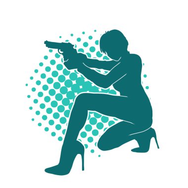 Kadın dövüşçü silueti. Tabanca ya da tabanca taşıyor..