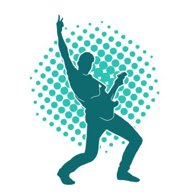 Elektro gitar çalan bir müzisyenin silueti. Bir erkek gitaristin silueti.