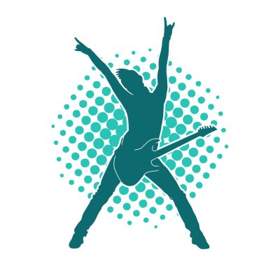 Elektro gitar çalan bir müzisyenin silueti. Bir erkek gitaristin silueti.