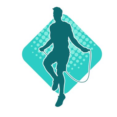 Sportif bir erkeğin silueti ip atlama egzersizi yapıyor. Sportif bir adamın silueti atlama ipine atlıyor..
