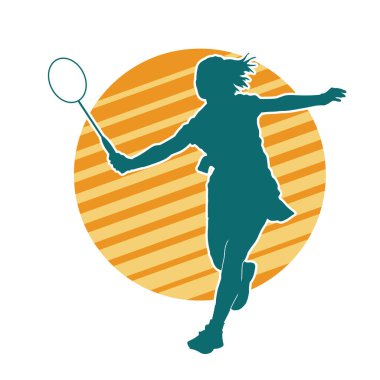 Badminton sporu yapan zayıf bir bayan sporcunun silueti. Bir kadın badminton oyuncusunun silueti..