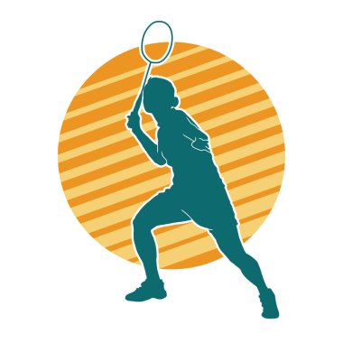 Badminton sporu yapan zayıf bir bayan sporcunun silueti. Bir kadın badminton oyuncusunun silueti..