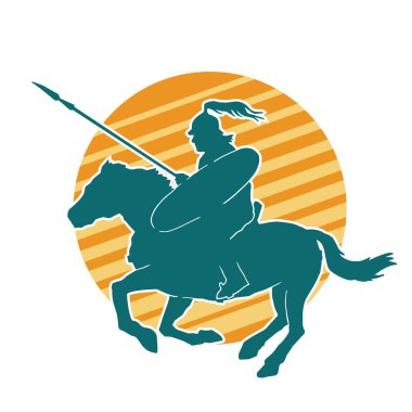 Mızrak taşıyan eski bir süvari askerinin silueti. Koşan atına zırh giymiş bir savaşçının silueti..
