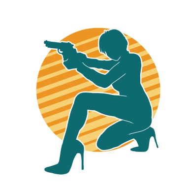 Kadın dövüşçü silueti. Tabanca ya da tabanca taşıyor..