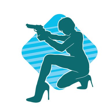 Kadın dövüşçü silueti. Tabanca ya da tabanca taşıyor..