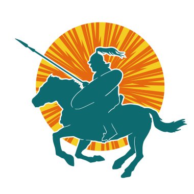 Mızrak taşıyan eski bir süvari askerinin silueti. Koşan atına zırh giymiş bir savaşçının silueti..