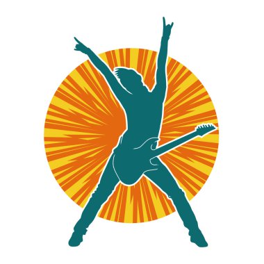 Elektro gitar çalan bir müzisyenin silueti. Bir erkek gitaristin silueti.