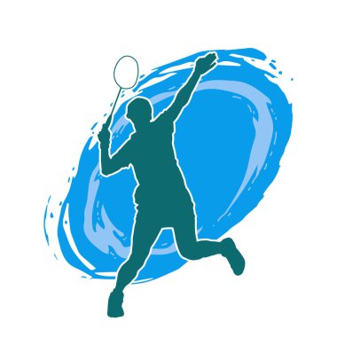 Badminton sporu yapan zayıf bir erkek atletin silueti. Badminton oynayan bir adamın silueti..