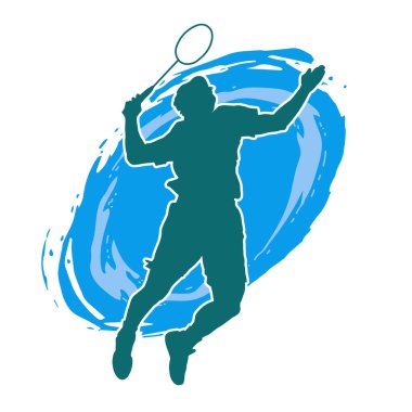 Badminton sporu yapan zayıf bir erkek atletin silueti. Badminton oynayan bir adamın silueti..