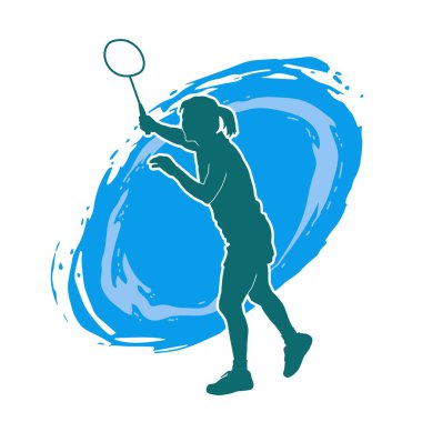 Badminton sporu yapan zayıf bir bayan sporcunun silueti. Bir kadın badminton oyuncusunun silueti..