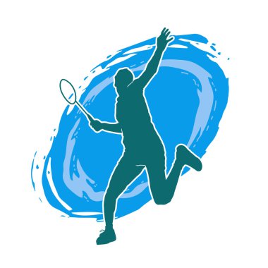 Badminton sporu yapan zayıf bir erkek atletin silueti. Badminton oynayan bir adamın silueti..