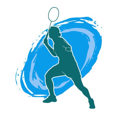 Badminton sporu yapan zayıf bir bayan sporcunun silueti. Bir kadın badminton oyuncusunun silueti..