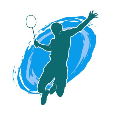 Badminton sporu yapan zayıf bir erkek atletin silueti. Badminton oynayan bir adamın silueti..