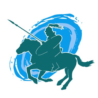 Mızrak taşıyan eski bir süvari askerinin silueti. Koşan atına zırh giymiş bir savaşçının silueti..