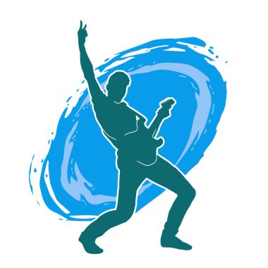 Elektro gitar çalan bir müzisyenin silueti. Bir erkek gitaristin silueti.