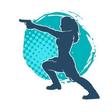 Kadın dövüşçü silueti. Tabanca ya da tabanca taşıyor..