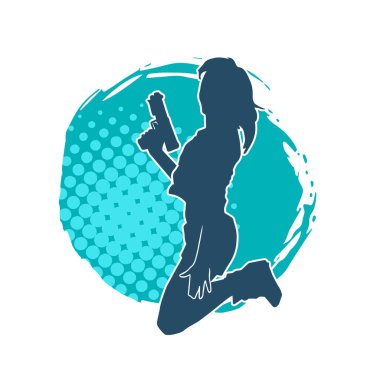 Kadın dövüşçü silueti. Tabanca ya da tabanca taşıyor..