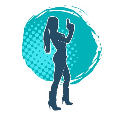 Kadın dövüşçü silueti. Tabanca ya da tabanca taşıyor..