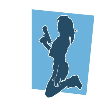 Kadın dövüşçü silueti. Tabanca ya da tabanca taşıyor..