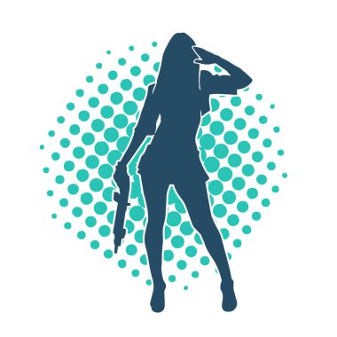 Seksi, zayıf bir kadın savaşçının silueti. Poz verirken pompalı tüfek taşıyor..