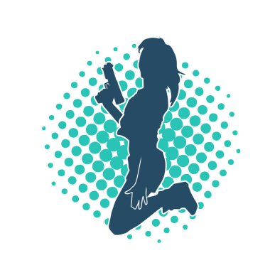 Kadın dövüşçü silueti. Tabanca ya da tabanca taşıyor..