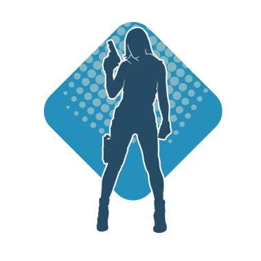 Kadın dövüşçü silueti. Tabanca ya da tabanca taşıyor..