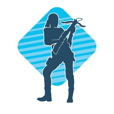 Kadın bir savaşçının silueti yaylı tüfek taşıyor.