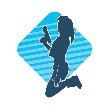 Kadın dövüşçü silueti. Tabanca ya da tabanca taşıyor..