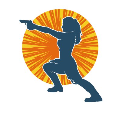 Kadın dövüşçü silueti. Tabanca ya da tabanca taşıyor..