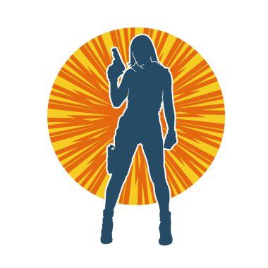 Kadın dövüşçü silueti. Tabanca ya da tabanca taşıyor..