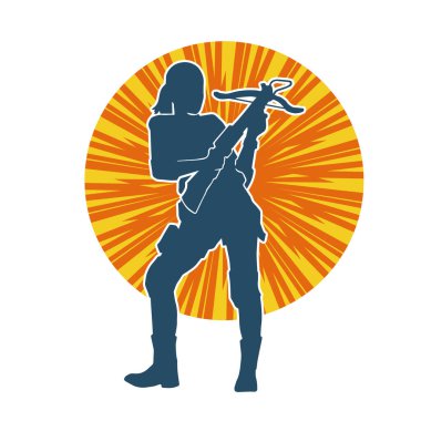 Kadın bir savaşçının silueti yaylı tüfek taşıyor.