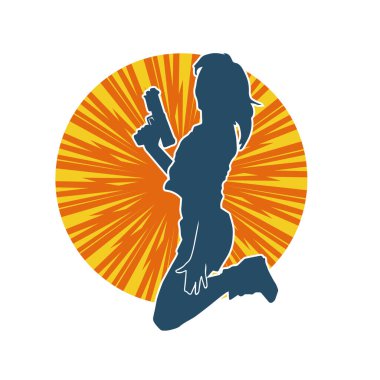 Kadın dövüşçü silueti. Tabanca ya da tabanca taşıyor..