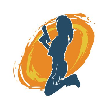 Kadın dövüşçü silueti. Tabanca ya da tabanca taşıyor..