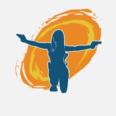 Kadın dövüşçü silueti. Tabanca ya da tabanca taşıyor..