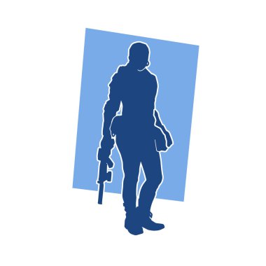 Kurşungeçirmez yelek giyen ve makineli tüfek taşıyan bir kadın özel kuvvet polisinin silueti..