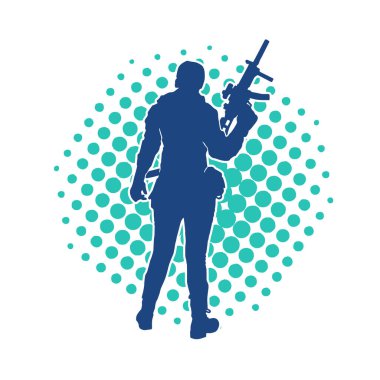 Kurşungeçirmez yelek giyen ve makineli tüfek taşıyan bir kadın özel kuvvet polisinin silueti..