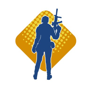 Kurşungeçirmez yelek giyen ve makineli tüfek taşıyan bir kadın özel kuvvet polisinin silueti..