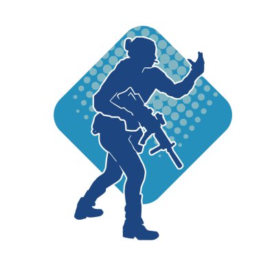 Kurşungeçirmez yelek giyen ve makineli tüfek taşıyan bir kadın özel kuvvet polisinin silueti..