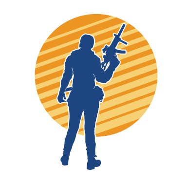 Kurşungeçirmez yelek giyen ve makineli tüfek taşıyan bir kadın özel kuvvet polisinin silueti..