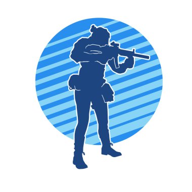 Kurşungeçirmez yelek giyen ve makineli tüfek taşıyan bir kadın özel kuvvet polisinin silueti..