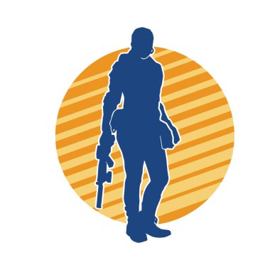 Kurşungeçirmez yelek giyen ve makineli tüfek taşıyan bir kadın özel kuvvet polisinin silueti..