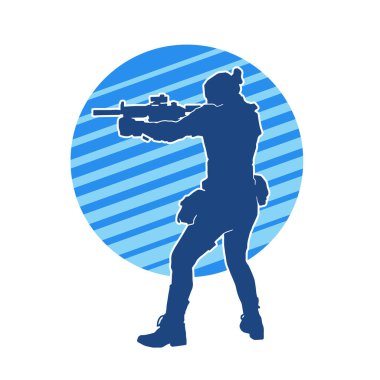 Kurşungeçirmez yelek giyen ve makineli tüfek taşıyan bir kadın özel kuvvet polisinin silueti..