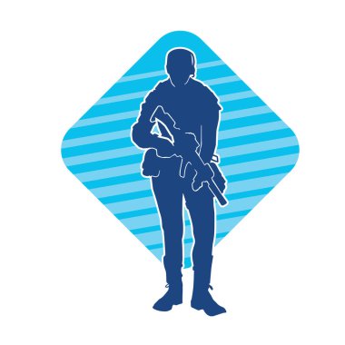 Kurşungeçirmez yelek giyen ve makineli tüfek taşıyan bir kadın özel kuvvet polisinin silueti..