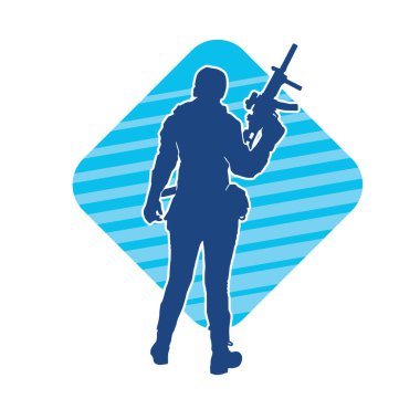 Kurşungeçirmez yelek giyen ve makineli tüfek taşıyan bir kadın özel kuvvet polisinin silueti..