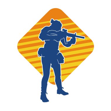 Kurşungeçirmez yelek giyen ve makineli tüfek taşıyan bir kadın özel kuvvet polisinin silueti..