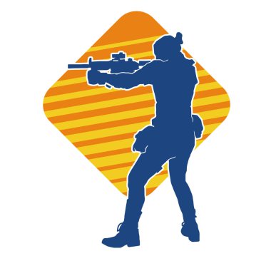 Kurşungeçirmez yelek giyen ve makineli tüfek taşıyan bir kadın özel kuvvet polisinin silueti..