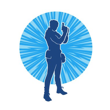 Kurşungeçirmez yelek giyen ve tabanca taşıyan bir kadın özel kuvvet polisinin silüeti..