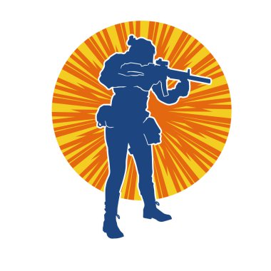 Kurşungeçirmez yelek giyen ve makineli tüfek taşıyan bir kadın özel kuvvet polisinin silueti..