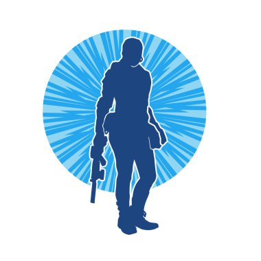 Kurşungeçirmez yelek giyen ve makineli tüfek taşıyan bir kadın özel kuvvet polisinin silueti..